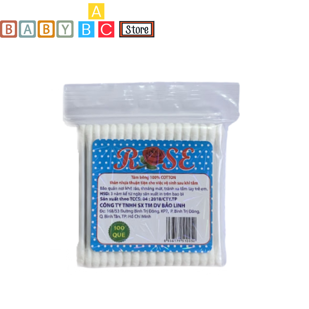 Tăm Bông Ngoáy Tai Rose Bịch Nhựa Người Lớn 100 Que Tăm Bông Thân Nhựa Kháng Khuẩn Công Nghệ Nhật Bản