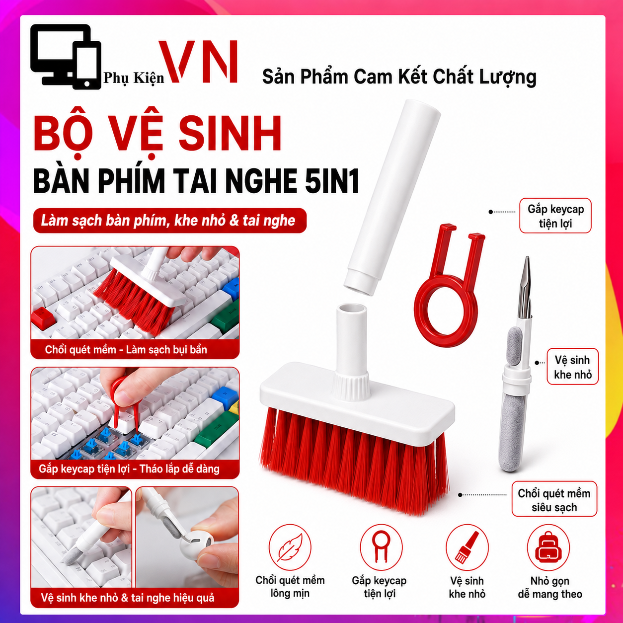 Bộ Dụng Cụ Vệ Sinh Tai Nghe Bluetooth Và Bàn Phím Máy Tính Đa Năng 5in1 - Chổi Bàn Phím, Bút Vệ Sinh Tai Nghe Kèm Dụng Cụ Tháo Keycap Tiện Lợi