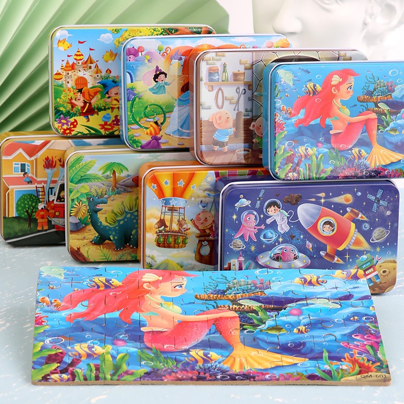 Bộ xếp hình puzzle 60 mảnh bằng gỗ hộp thiếc cho bé