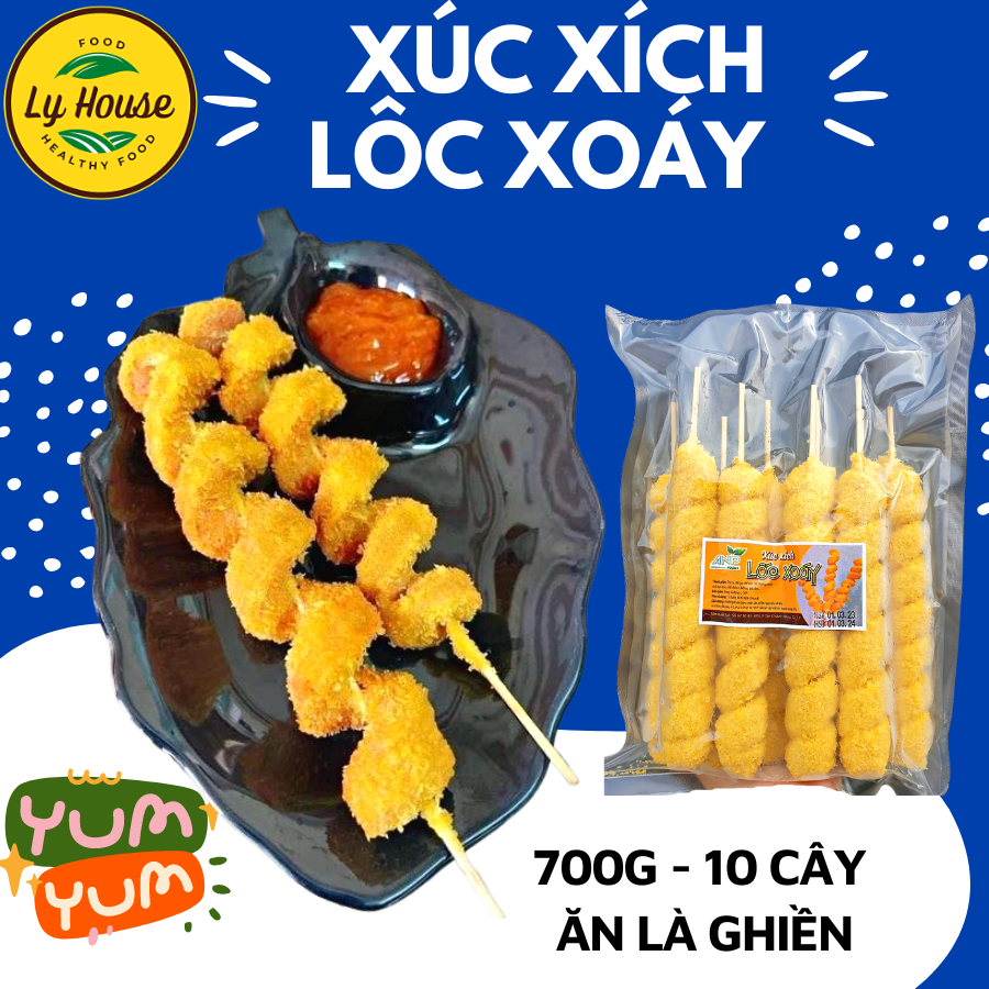 10 cây Xúc Xích Lốc Xoáy Loại Ngon 500g. Sản phẩm hotdog, phô mai que được chế biến an toàn vệ sinh thực phẩm, bảo quản ngăn đông. Phù hợp ăn kèm các món xúc xích, gà rán, xiên que . Món ăn vặt tiện lợi cho gia đình Ly House