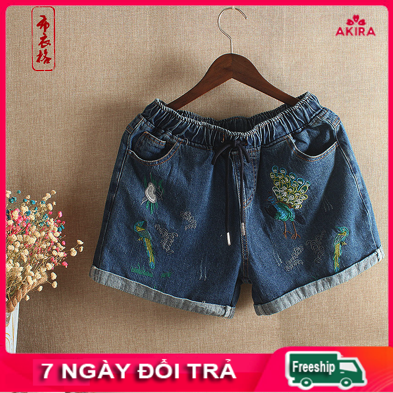 Quần short bò jean nữ denim lưng thun dáng rộng freesize AKira Store