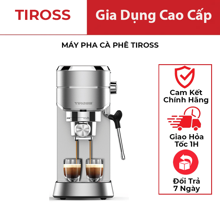 Máy pha cà phê Espresso Tiross TS6212, Công suất 1250-1450W, Áp suất mạnh 15 bar, Bảo hành 12 tháng