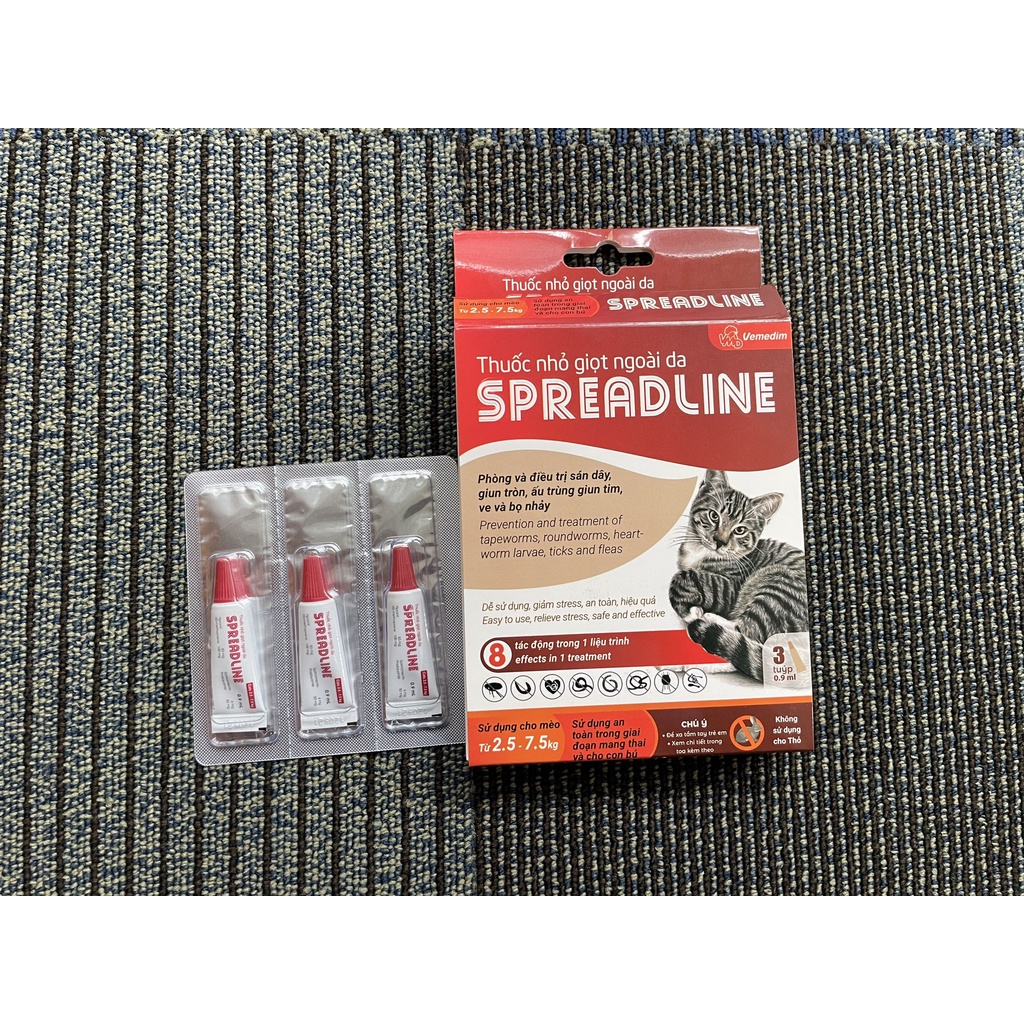 Spreadline - kiểm soát sán dây, giun tròn, ấu trùng giun tim, ve và bọ nhảy cho mèo từ 2,5 - 7,5 kg - hộp 3 tube 0,9ml