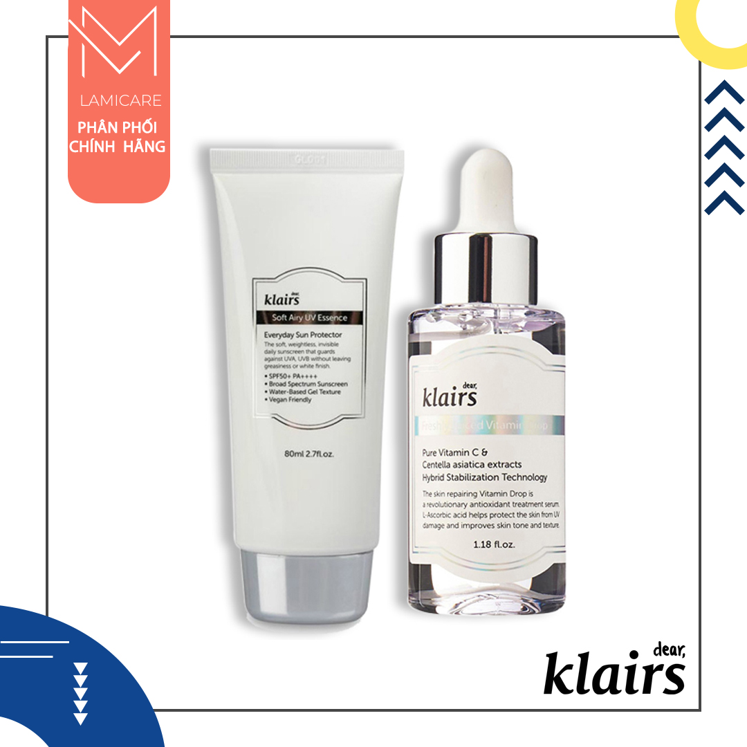 Bộ 2 sản phẩm dưỡng trắng chống lão hóa, làm mềm da soft airy uv essence spf50 and freshly juiced vitamin drop Full size