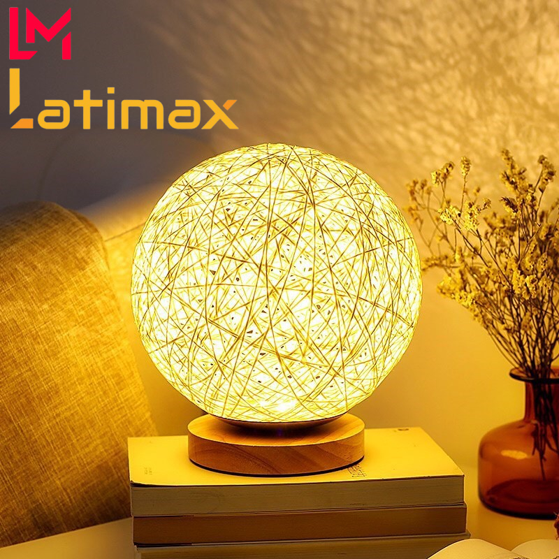 Đèn ngủ để bàn cầu mây đế gỗ nguyên khối Latimax điều chỉnh độ sáng theo ý muốn - Đèn bàn trang trí bóng led siêu bền