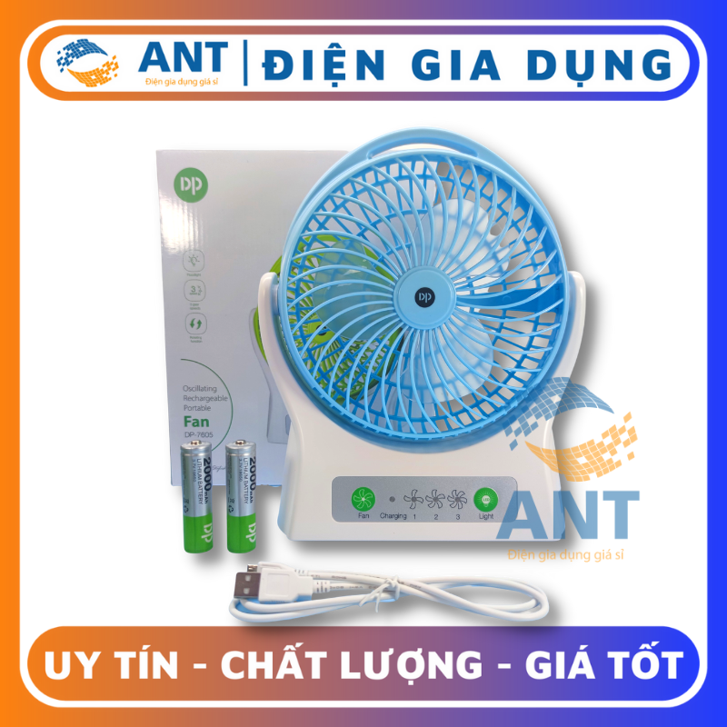 Quạt để bàn pin sạc cỡ to dp dp7605 có đèn led và 3 tốc độ gió công suất 4.2w dung lượng pin 4000mah rất trâu bò