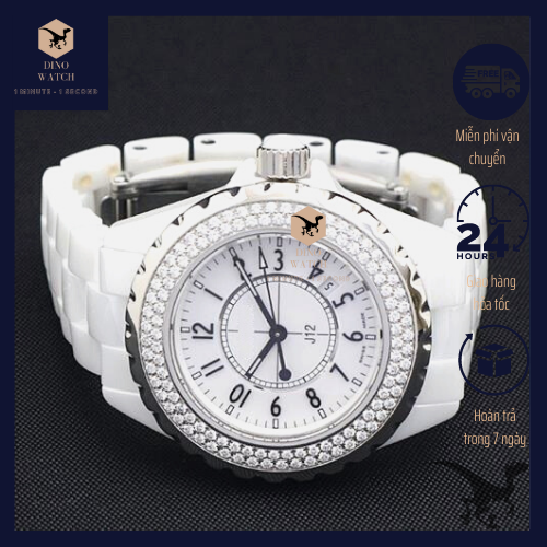 [HCM]Đồng hồ nữ CHỜNEL dây đá ceramic màu trắng - viền benzel đính đá - size 34mm(DNH0967CN)