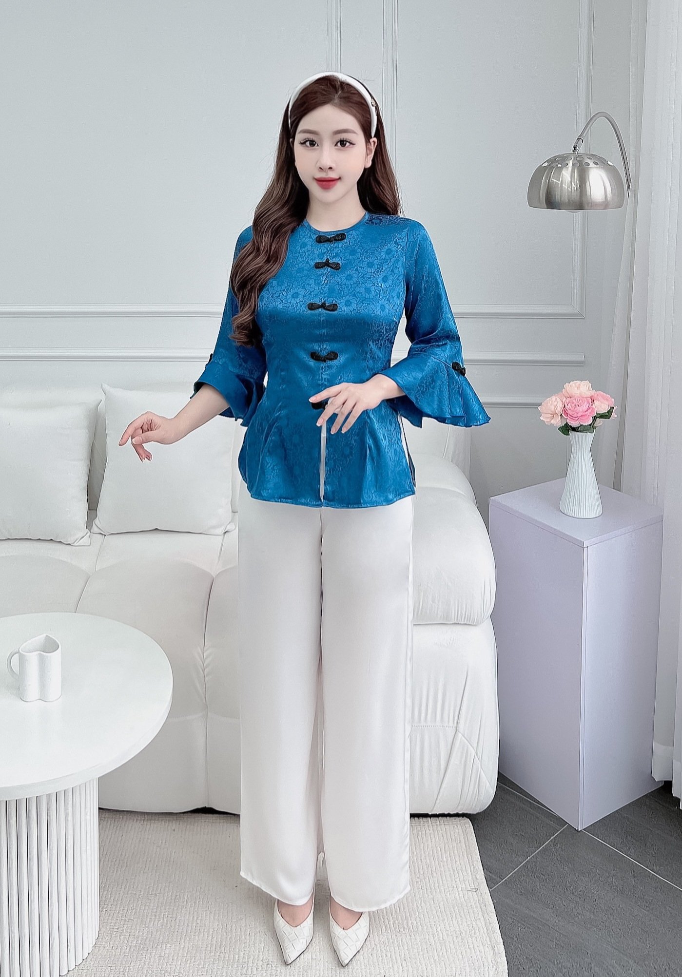 Đồ bộ áo bà ba cách tân nữ đồ lam đi chùa nữ cao cấp vải lụa gấm - cn109