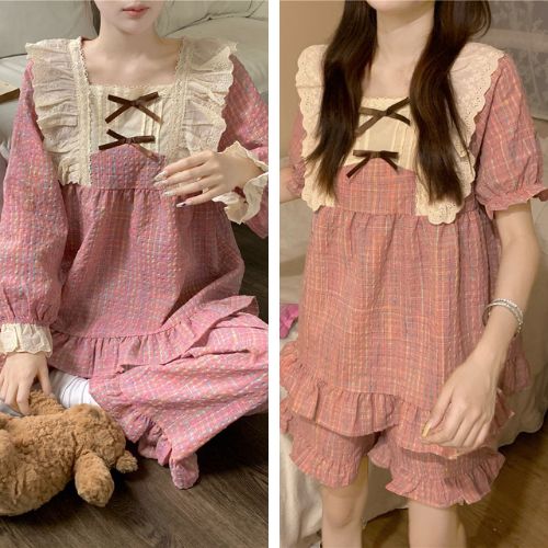 Set bộ hồng mặc nhà phối ren nâu tiểu thư quảng châu
