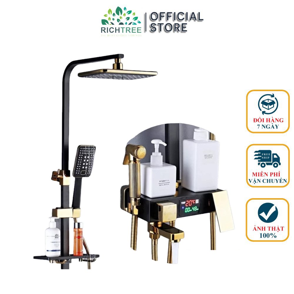 Bộ vòi sen cây tắm đứng nóng lạnh hàng Cao Cấp RICHTREE Đồng mạ tĩnh điện + Kèm xịt vệ sinh + Khay để đồ + CÓ MÀN HÌNH LED HIỂN THỊ NHIỆT ĐỘ AN TOÀN CHO CẢ GIA ĐÌNH- (Bảo hành 5 năm - 1 đổi 1 trong vòng 7 ngày),FULL phụ kiện
