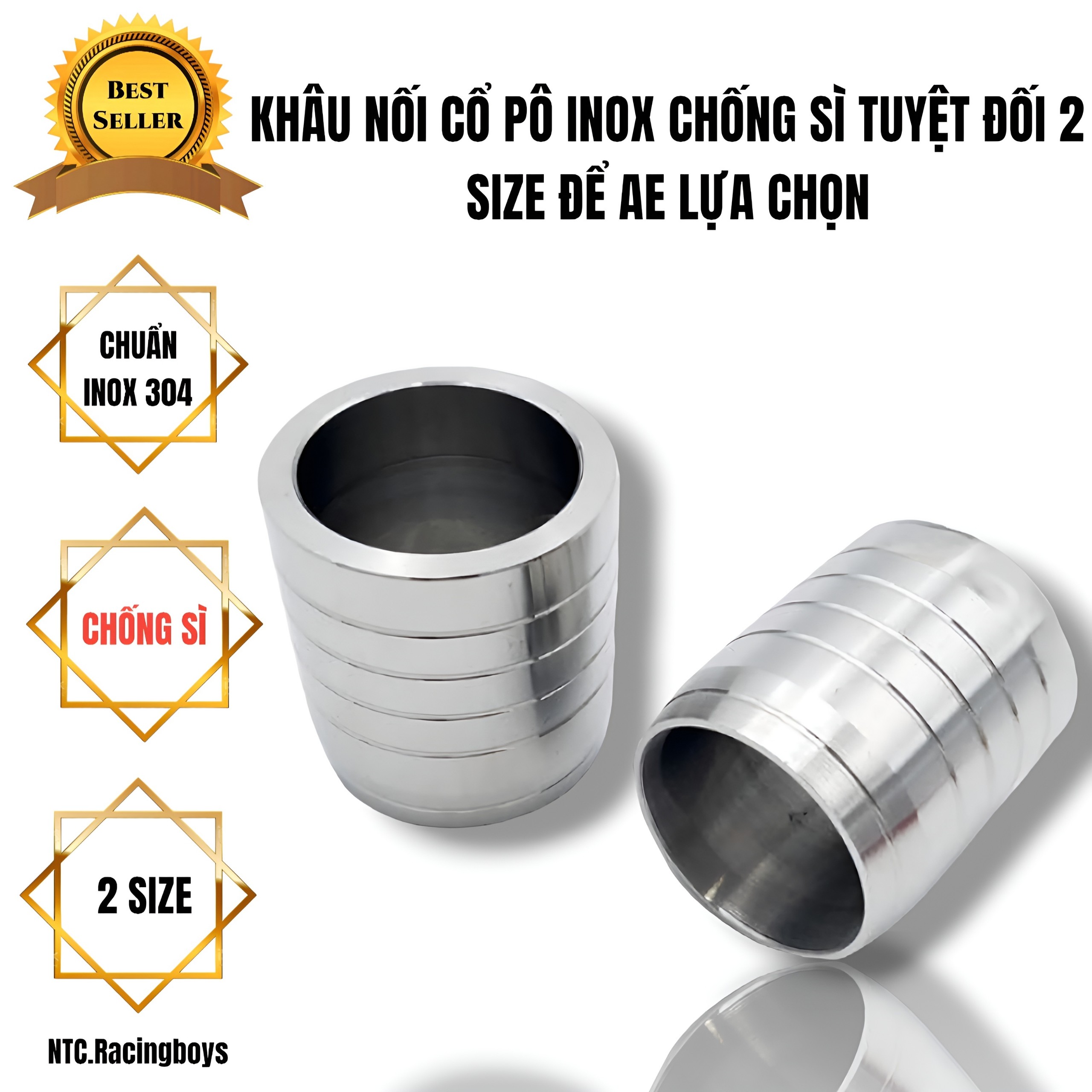 Khâu nối cổ pô inox 304/ adapter 2 kích cỡ phi 27 vs phi 32 nối cổ pô chống xì tuyệt đối cho các loại pô hai khúc