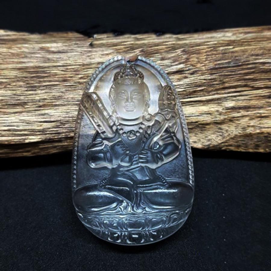 Mặt dây bản mệnh khắc ngài Hư không tạng đá  tự nhiên cho người tuổi Dần - tuổi Sửu Bạc QTJ - MDNA26(đen)