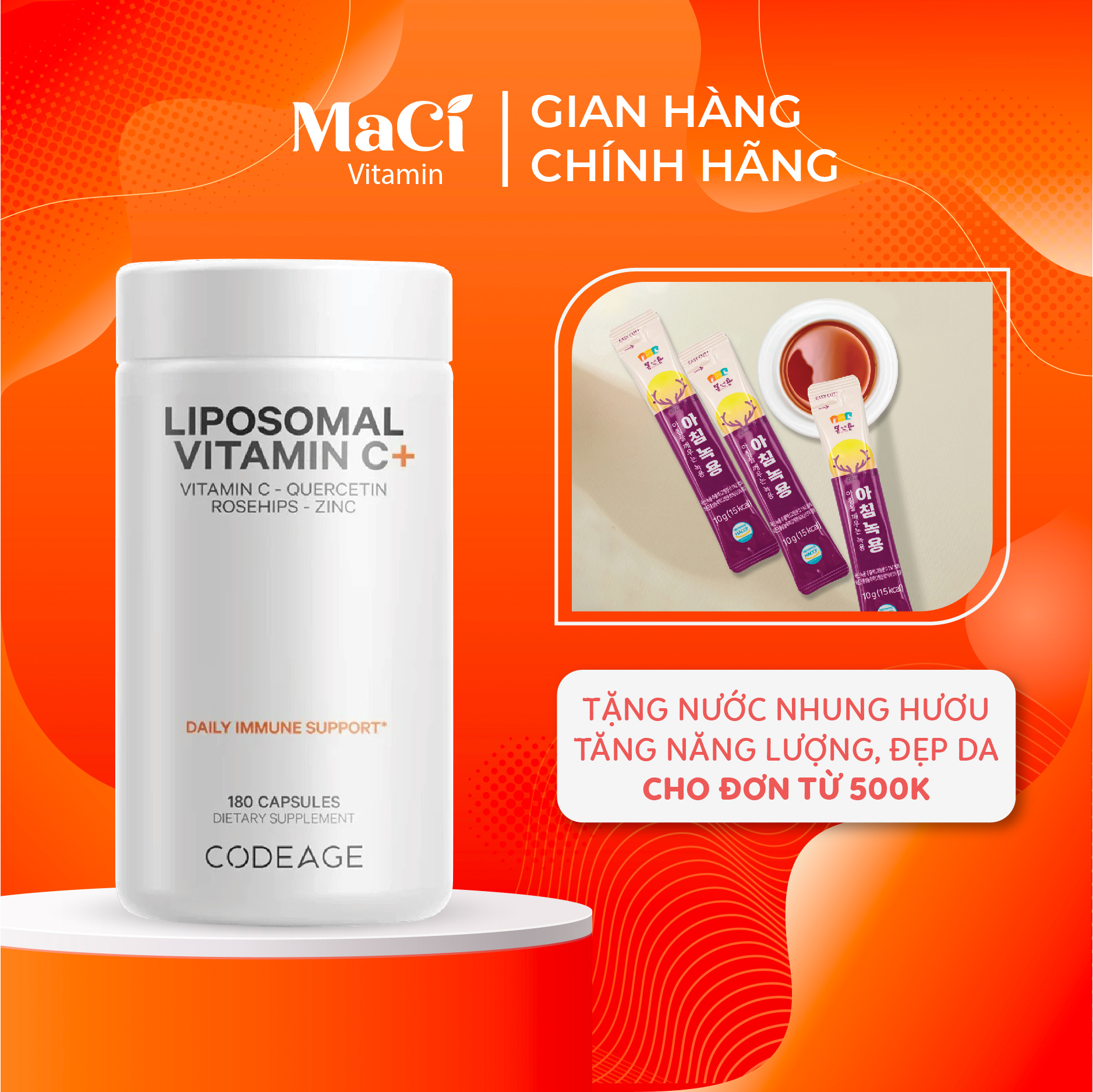 Liposomal vitamin C Codeage Hỗ trợ giảm mụn Chống oxy hóa Tăng hệ miễn dịch 180 viên MaCi