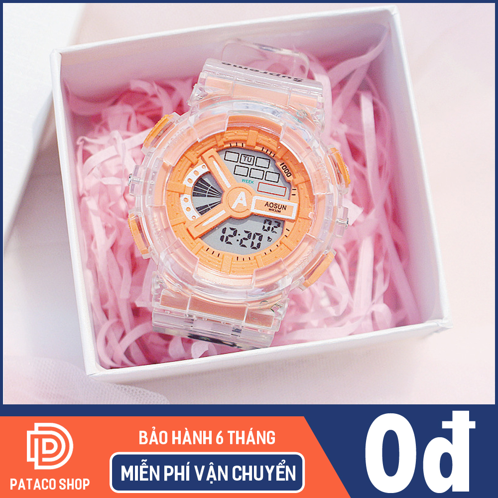 Đồng hồ thể thao nam nữ Aosun A109 điện tử dây Silicon trong suốt đèn led ban đềm 7 màu