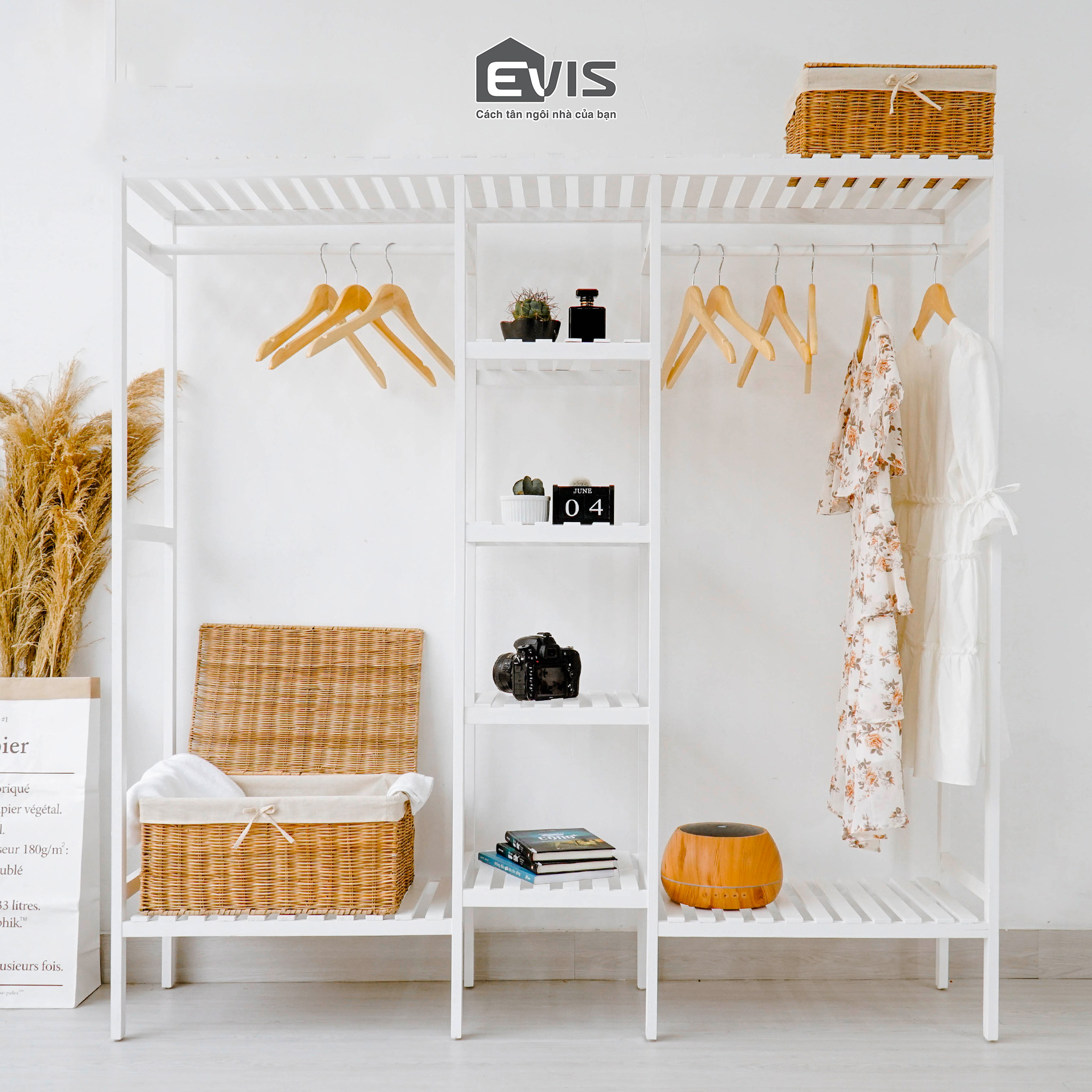 Tủ Treo Quần Áo Gỗ Thông Evis Home 3 Ngăn - Kệ Gỗ Giá Treo Đồ Thông Minh - Có 2 Màu Sắc Để Lựa Chọn