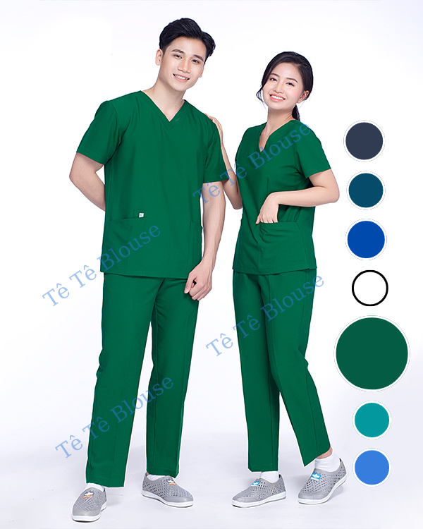 Bộ SCRUBS cổ tim, đồng phục phẫu thuật, Spa, phòng khám, Bác Sĩ, điều dưỡng, dược sĩ màu Xanh Lá vải thường và Vải Thun co giãn cao cấp