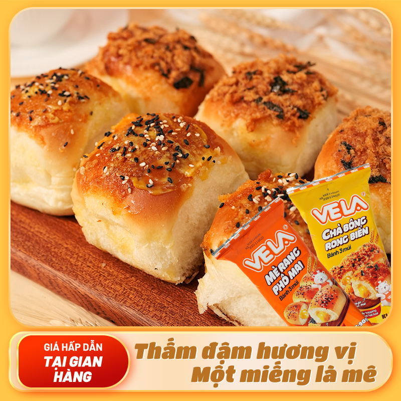 Bánh chà bông rong biển VELA 3 mùi nhân phô mai bánh dài ăn liền 90g bữa sáng tiện lợi ăn vặt văn phòng
