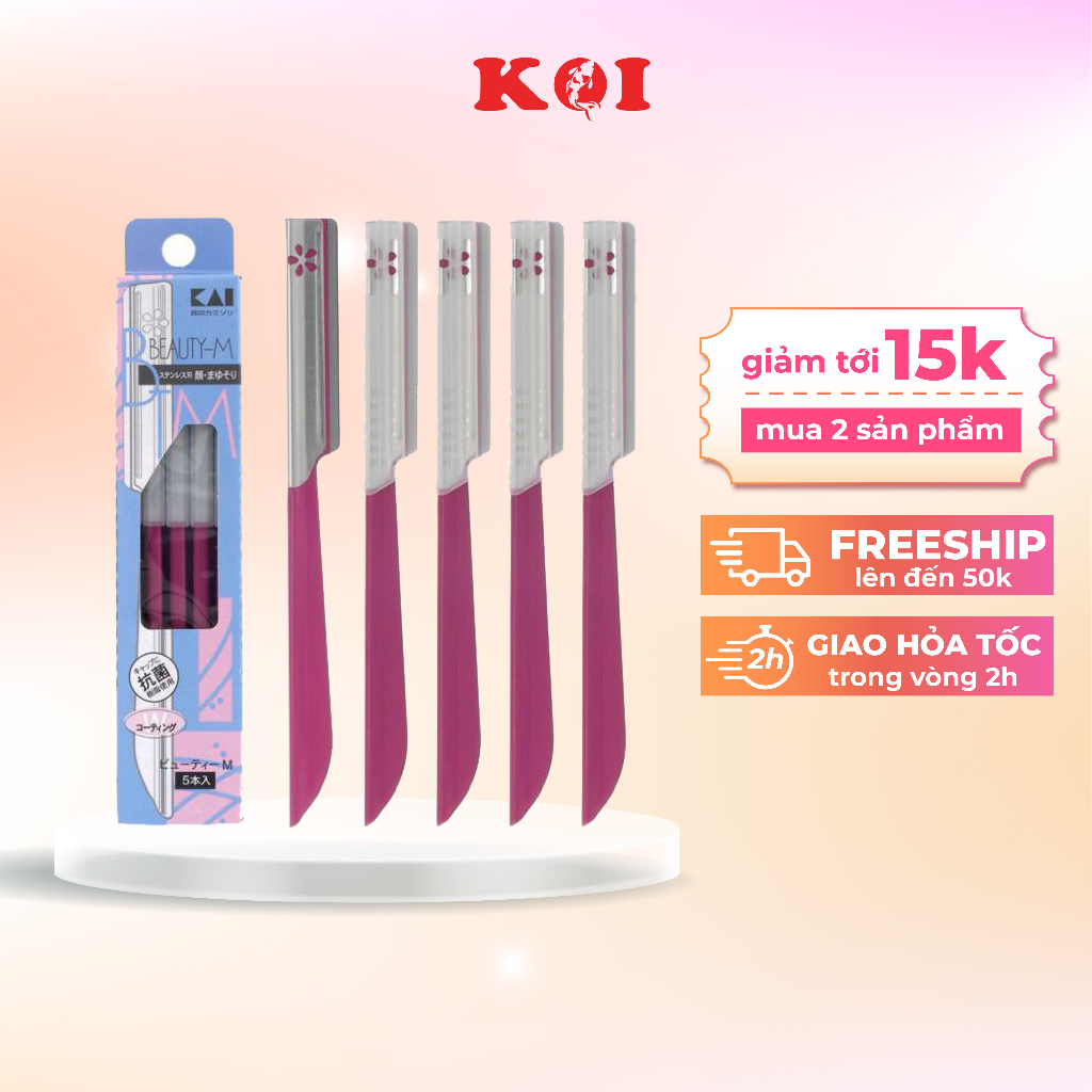 Dao cạo lông mặt lông mày thân kim loại Kai Beauty M BTM-5F1 cán hồng bộ 5 chiếc màu hồng