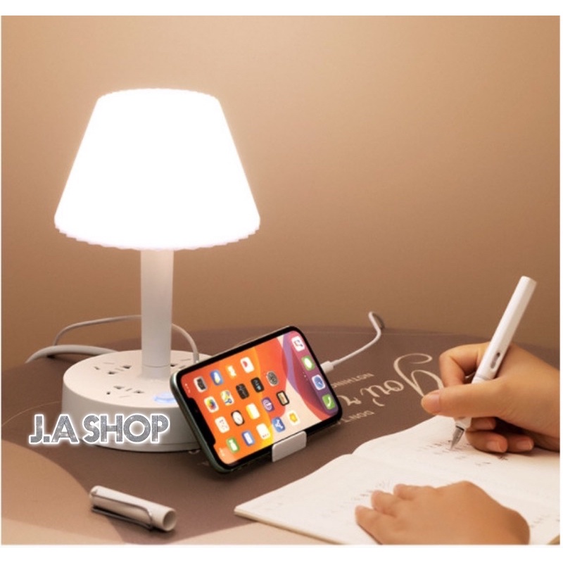 Đèn ngủ để bàn thông minh kiêm ổ cắm điện đa năng có cổng sạc usb và giá đỡ điện thoại
