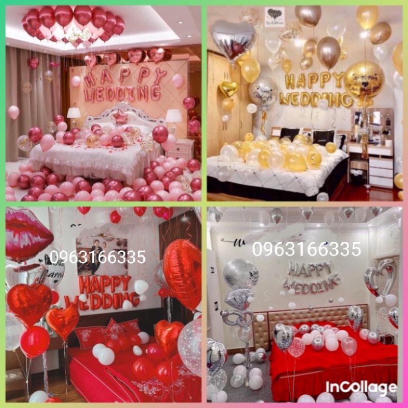 Sét Bóng Happy Wedding Trang Trí Phòng Cưới Tông Đỏ Trắng / lì xì tra