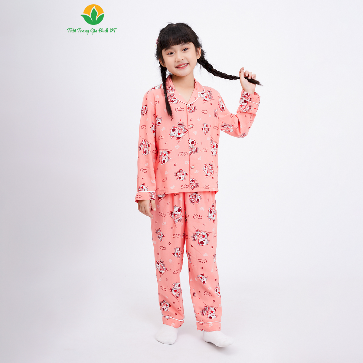 Bộ Pijama lanh mặc nhà bé gái thời trang Việt Thắng, quần dài, áo dài tay - B70.2301