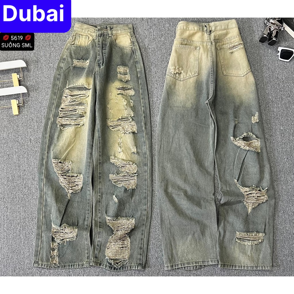 QUẦN JEAN NỮ BAGGY ỐNG SUÔNG RỘNG RÁCH TẢ TƠI XƠ MƯỚP LƯNG CAO NÂNG MÔNG PHONG CÁCH SANG CHẢNH -DB 5619- DUBAI FASHION