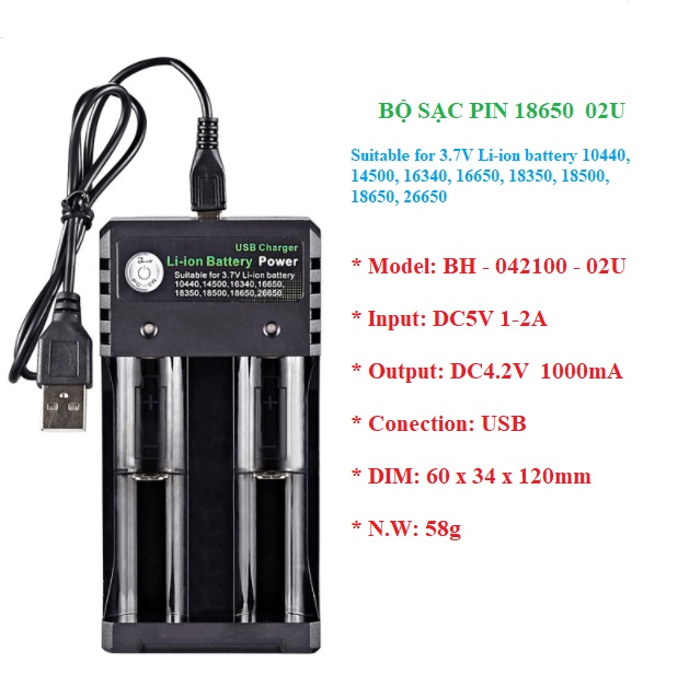 Sạc pin 18650 cao cấp 2 khe cắm cho đèn pin siêu sáng