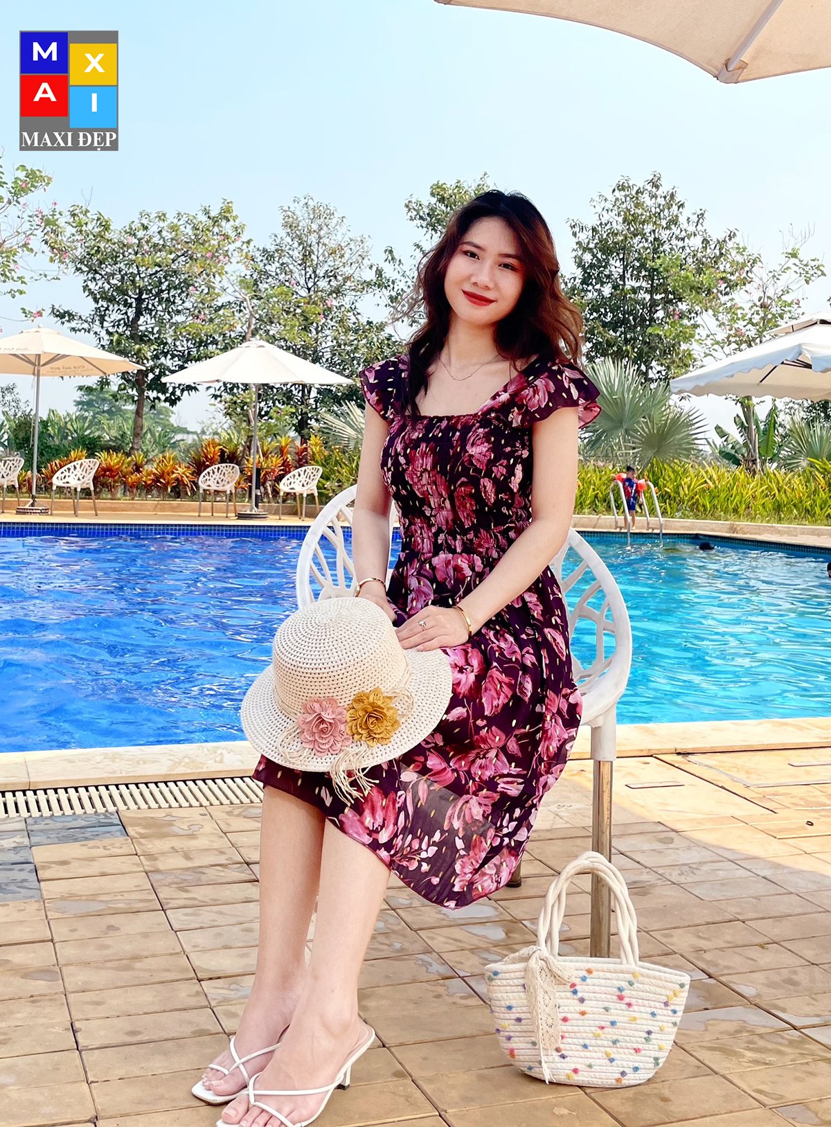 Váy Cánh Tiên Maxi Đẹp Dáng Ngắn Freesize Hoa Đỏ đậm