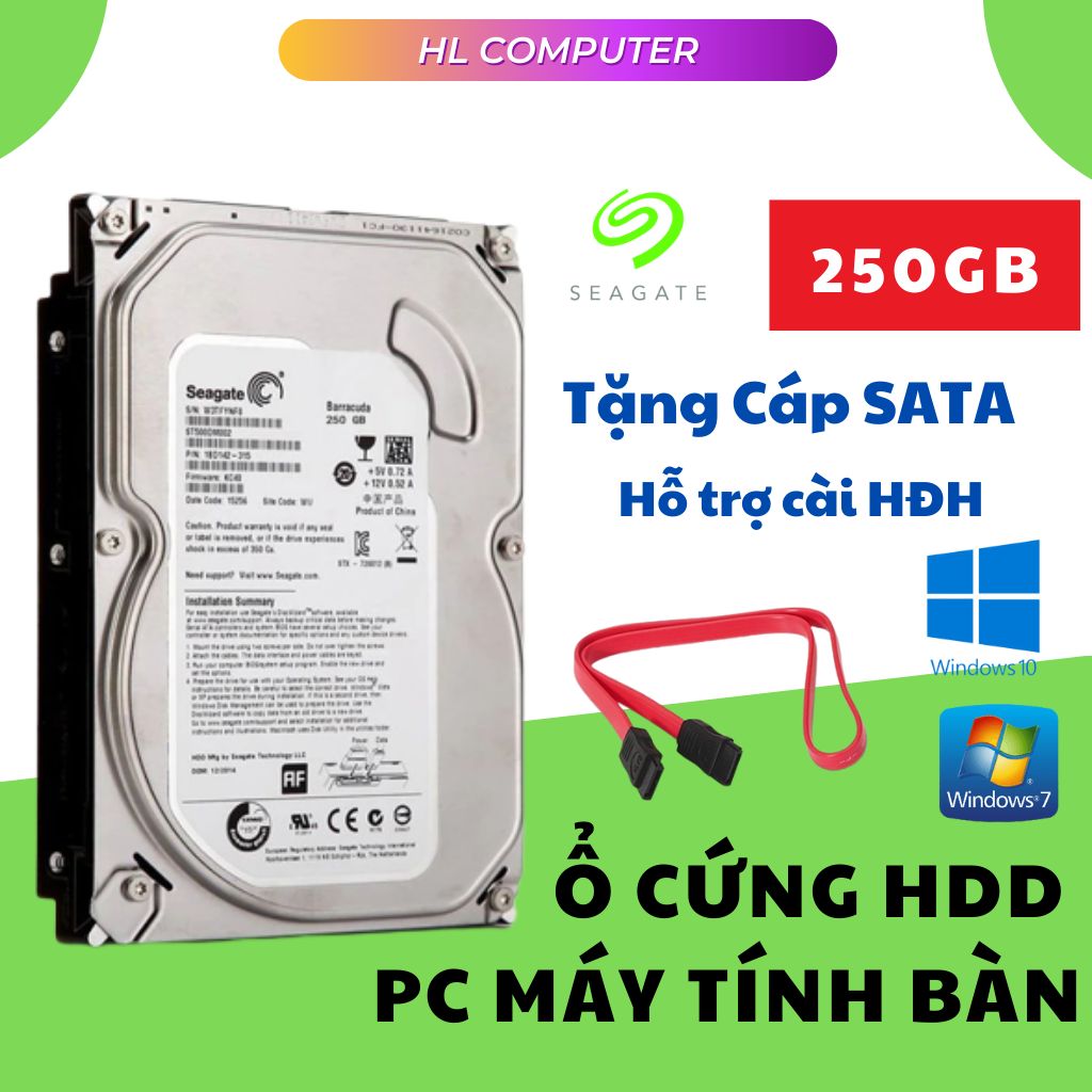 Ổ Cứng 250GB Seagate HDD PC  - Chuẩn SATA - BH 01 Năm - Chính Hãng (NEW) hỗ Trợ Cài Win 10 - Tặng Cáp Sata