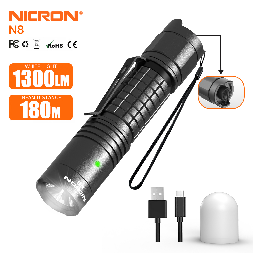 Đèn pin chiến thuật NICRON N8 Đèn pin chiến thuật 1300 lumen Đèn pin sạc rảnh tay cầm tay IP68 Đèn pin LED chống nước Khoảng cách 180 mét với bộ khuếch tán để cắm trại ngoài trời Đi bộ đường dài