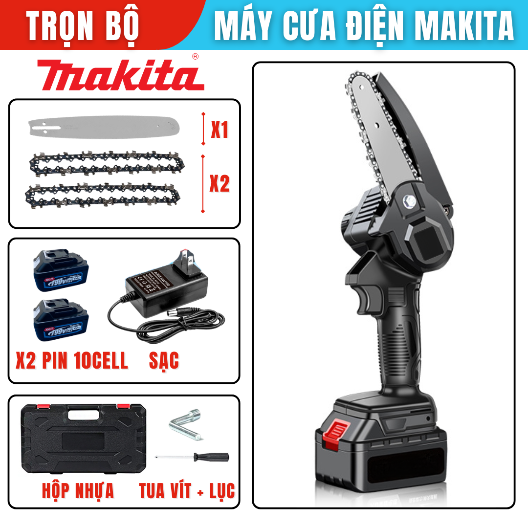 Máy Cưa Xích Cầm Tay Pin 21V Lõi Đồng Không Chổi Than Siêu Khỏe, Máy Cưa Điện 2 Pin 2 Xích, Lưỡi Cưa 4 Inch Cắt Tỉa Sân Vườn Siêu Tiện Lợi, Nhỏ Gọn - BẢO HÀNH 12 THÁNG