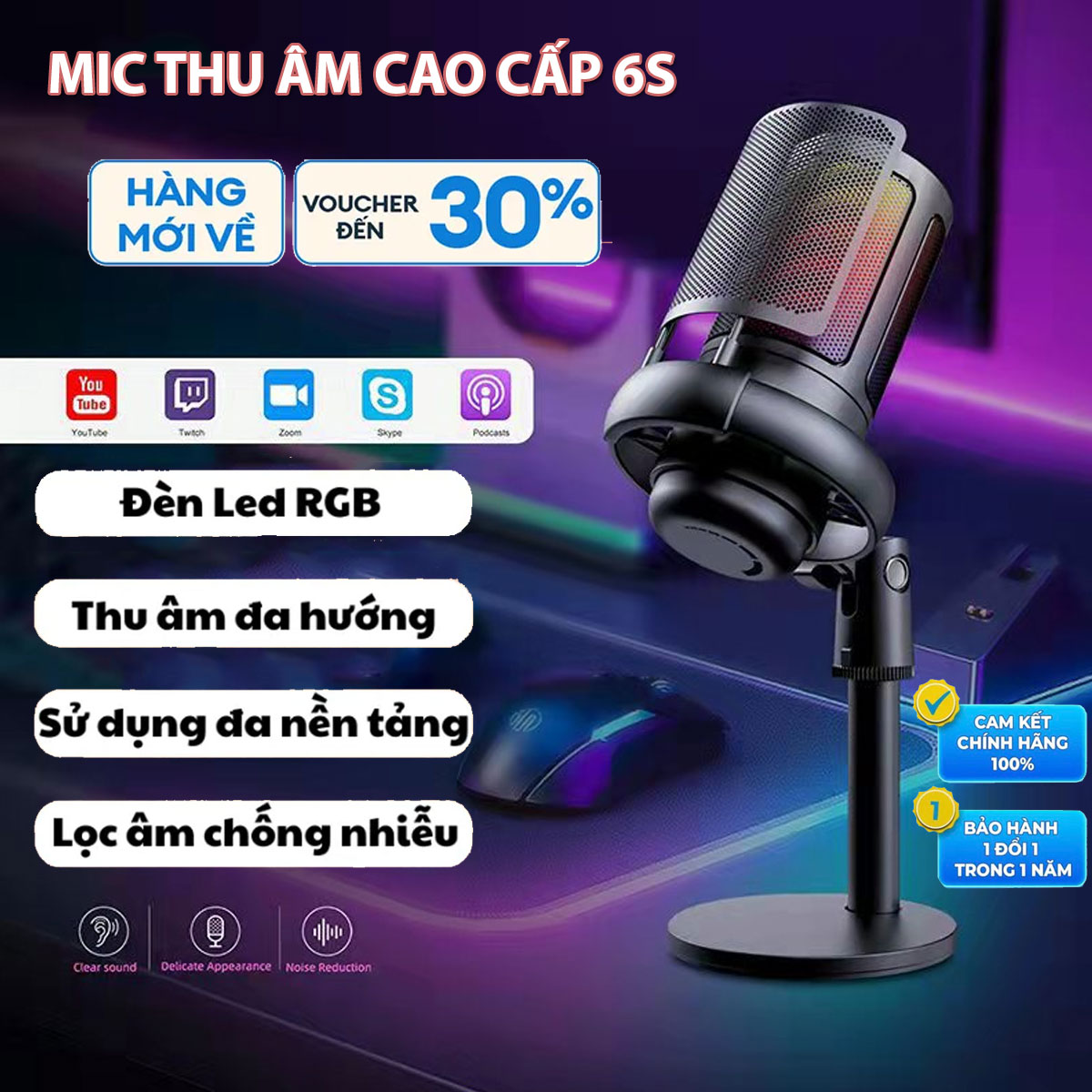 Micro thu âm chống ồn, Mic thu âm có dây, Độ Nhạy Cao Tích Hợp Led RGB, Mic Thu Âm Livestream Có Màng Lọc Tạp Âm, Chân Đỡ Để Bàn