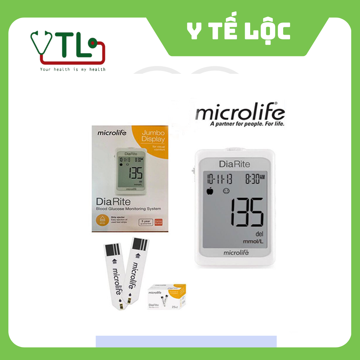 Máy đo đường huyết Microlife DiaRite BGM BH chính hãng 8 năm - Kèm 25 Que - chọn đơn vị mmol/l hoặc mg/dL