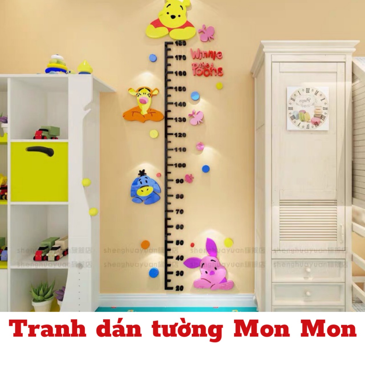 Tranh dán tường Mon Mon - Decal mica thước đo chiều cao cho bé, tranh mica gấu pooh vàng và các bạn cực kì dễ thương