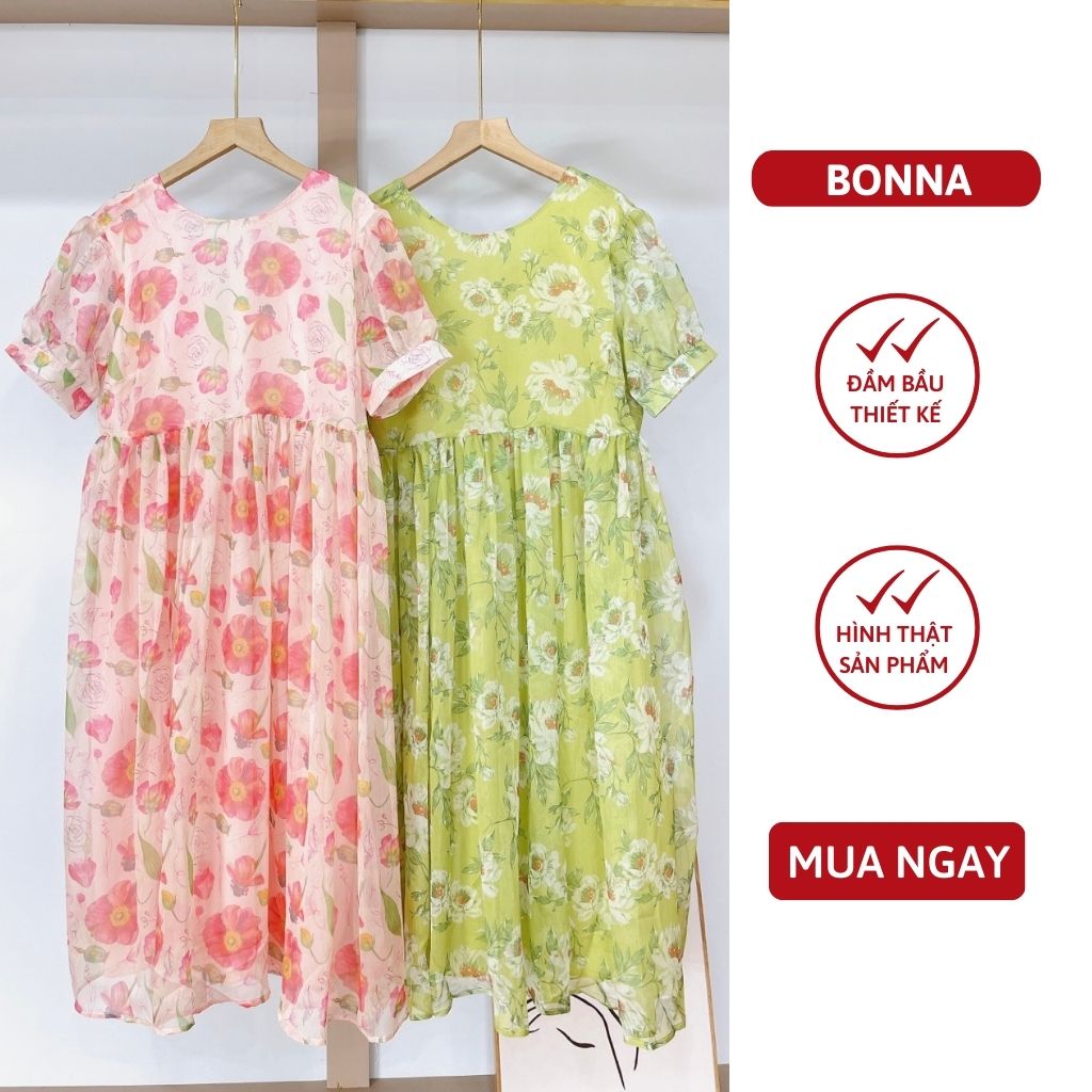 Váy bầu hoa nhí BONNA chất vải tơ cao cấp, dáng babydoll chui đầu, điểm nhấn phối nơ sau lưng VS308