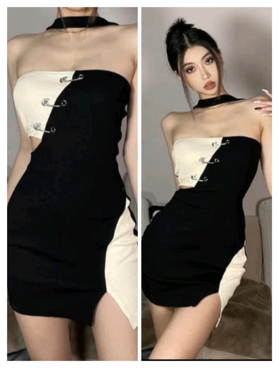 Đầm ôm body phối đọc lạ chất thun Gân dày dặn co giãn 4 chiều