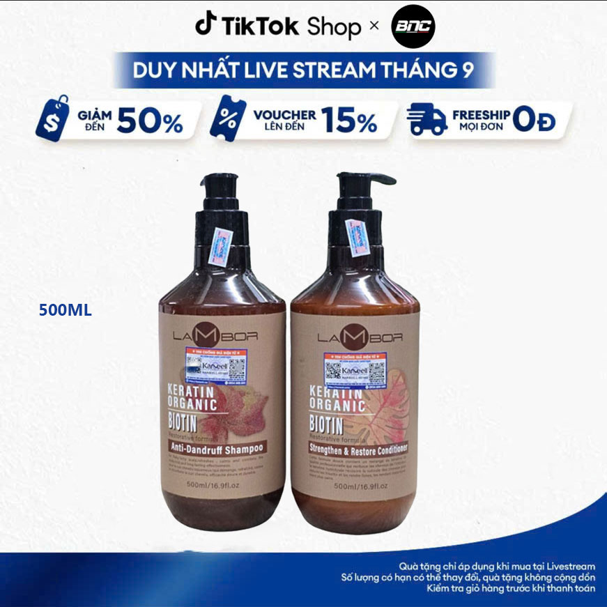 Cặp Dầu Gội Xả Trị Gàu LAMBOR 500ML Chứa Biotin & Organic Trị Vẩy Nấm Thải Độc Da Đầu, Giúp Tóc bồng Bềnh Hơn, Hương Thơm 48H