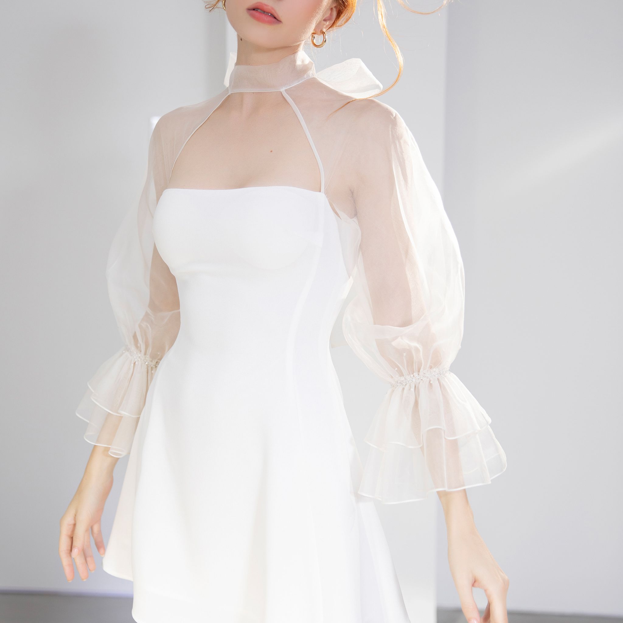 Elpis - đầm ngắn dáng a tay phồng organza đính kết thủ công fw20d19