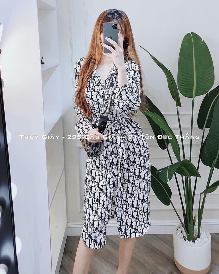 Đầm sơ mi họa tiết kèm dây cột sg fashion