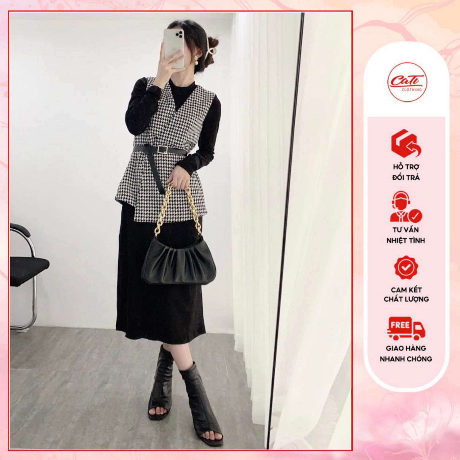 Cati set bộ áo khoác gile chất dạ họa tiết kẻ karo phối váy xuông