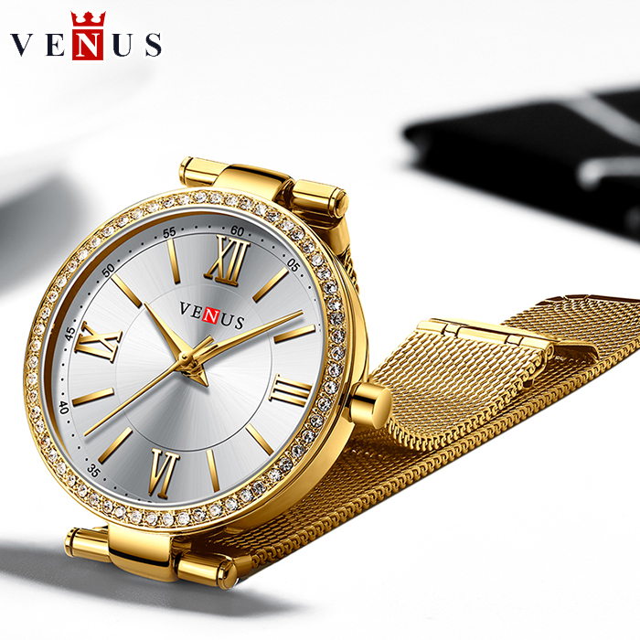 MIỄN PHÍ SHIP ĐỒNG HỒ NỮ VENUS VIỀN ĐÁ - DÂY TITANIUM SANG TRỌNG + TẶNG HỘP & PIN