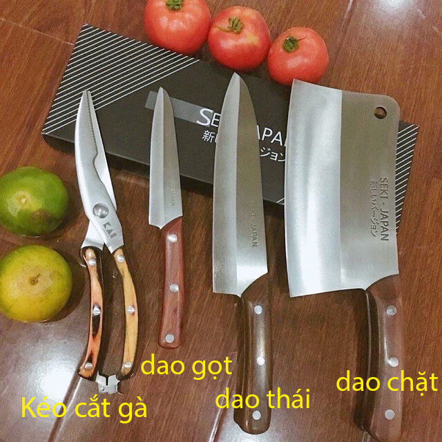 Bộ dao kéo Seki Nhật Bản, dao thái, dao gọt qua quả, dao chặt gà, dao chặt xương, kéo cắt gà, kéo cán gỗ siêu sắc Lưỡi dao được làm từ chất liệu thép nguyên khối siêu bền, chống gỉ, sạch sẽ - Guty Home
