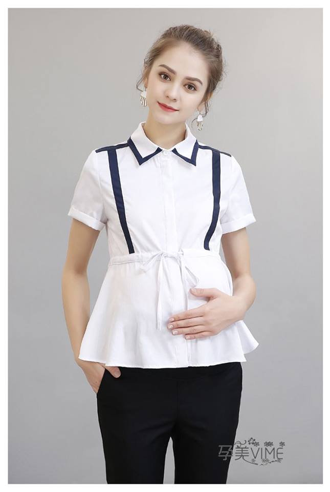 Áo Bầu Trắng Viền Cổ Đức Buộc Bụng MYC 1203