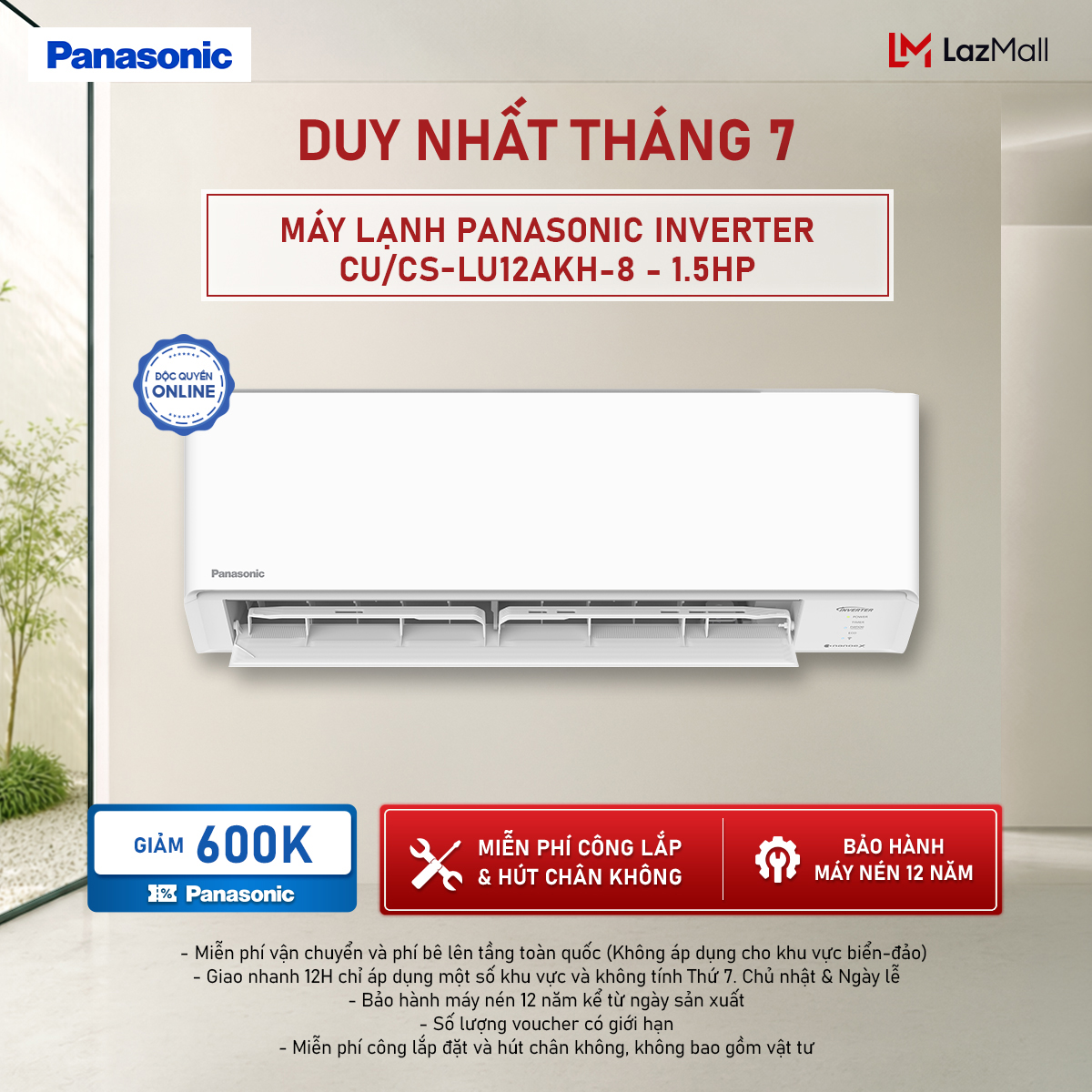 [Sẵn hàng miền Nam] Máy lạnh/ Điều hòa Panasonic Inverter CU/CS-LU12AKH-8 - 1.5HP - Một chiều - Eco AI - Lọc sạch không khí NanoeX - Wifi
