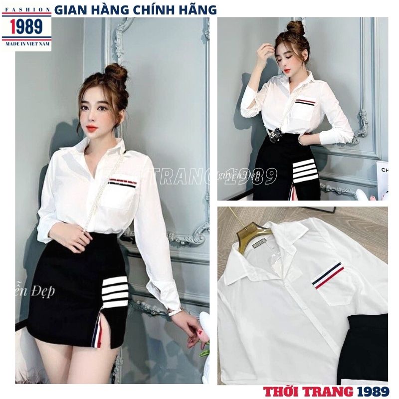 Áo sơ mi nữ trắng dài tay kẻ túi ,áo sơ mi công sở kiểu dáng hàn quốc ulzzang ,Áo sơ mi công sở , áo sơmi cực xinh dễ thương -THỜI TRANG 1989