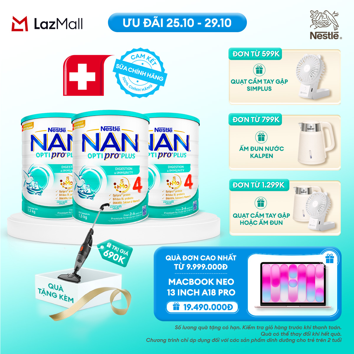 [CHỈ 25-29.10 QT ĐƠN 599K/799K/1299K] [Tặng Máy hút bụi cầm tay Gaabor] Bộ 3 lon Sữa Bột Nestlé NAN OPTIPRO PLUS 4 1500g Cho Bé 2 - 6 Tuổi: Công Thức Độc Quyền Nhập Khẩu Từ Thụy Sỹ, Chứa Phức Hợp 5-HMO