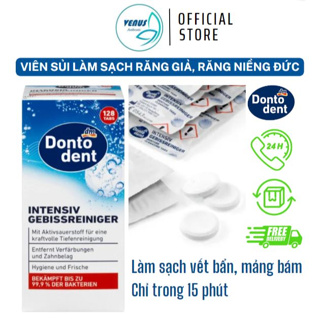 Viên sủi làm sạch răng giả niềng răng tháo rời Invisalign và khí cụ nha khoa Dontodent- Set lẻ & hộp 128 viên - Nội địa Đức