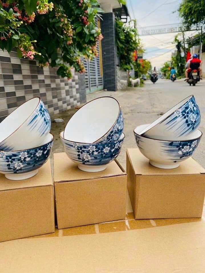 Bộ 10 chén sứ ăn cơm - bộ chén màu xanh trắng