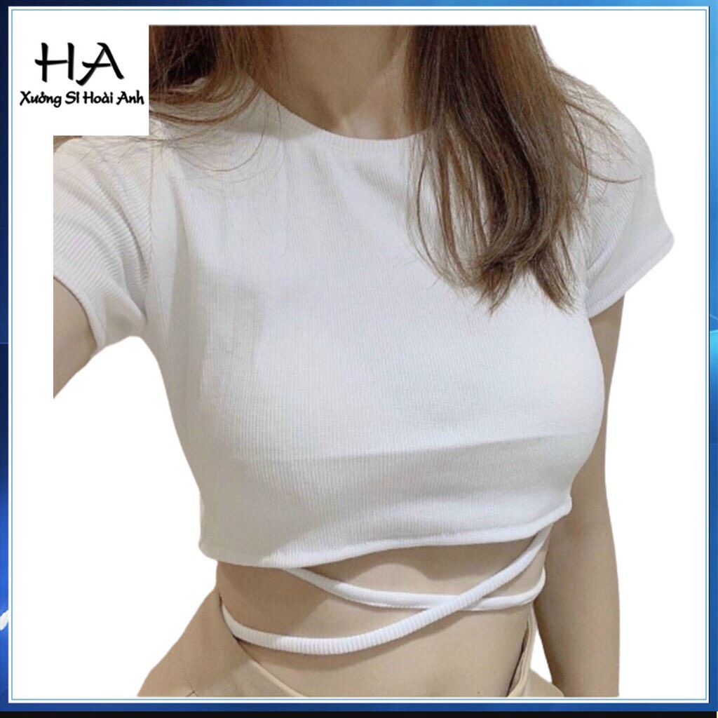 Áo croptop tay ngắn, Áo kiểu nữ dây cột eo tay ngắn hottrend - Luvie