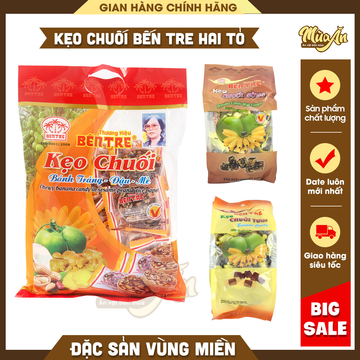 Kẹo chuối Bến Tre, Kẹo chuối tươi nước cốt dừa 200g, Kẹo chuối gừng đậu mè 200g, Kẹo chuối cuộn bánh tráng đậu mè 450g